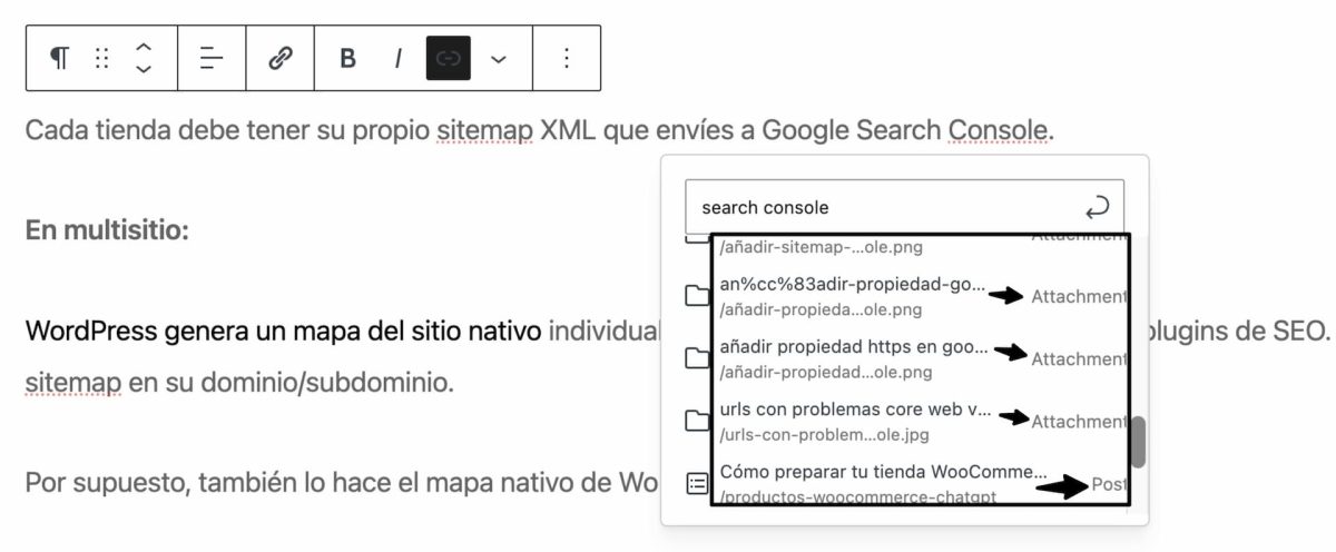 adjuntos attachments en buscador interno insertador enlaces wordpress