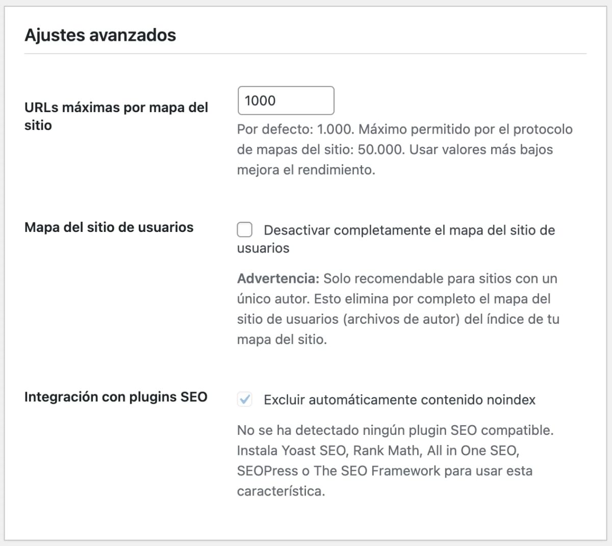 ajustes avanzados plugin mapa del sitio xml nativo wordpress