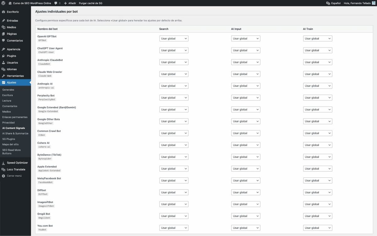 ajustes personalizados por bot ai content signals