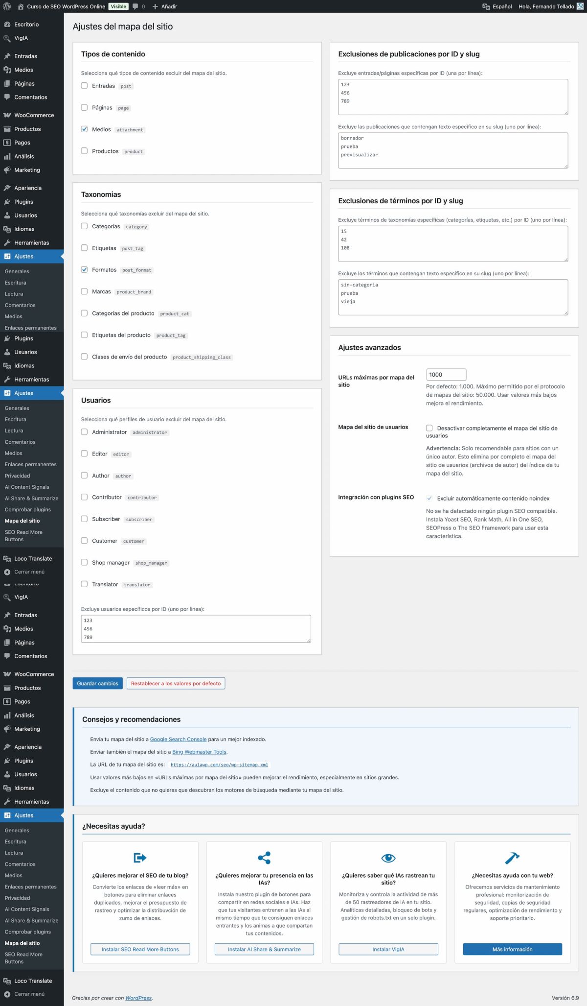 ajustes plugin configurar mapa del sitio xml nativo wordpress