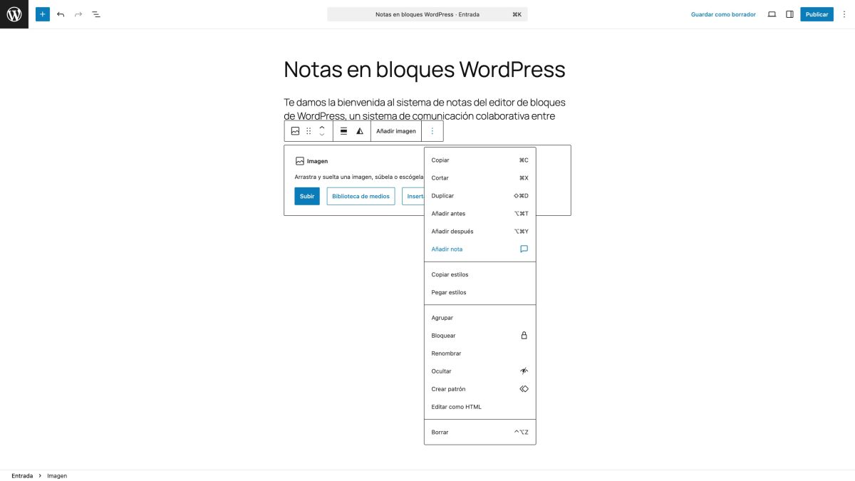 añadir nota a bloque wordpress