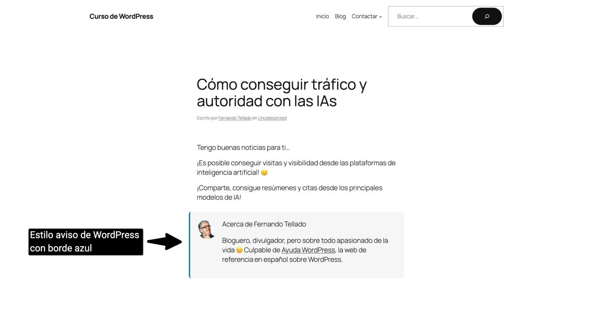 caja bio wordpress estilo aviso wordpress borde azul
