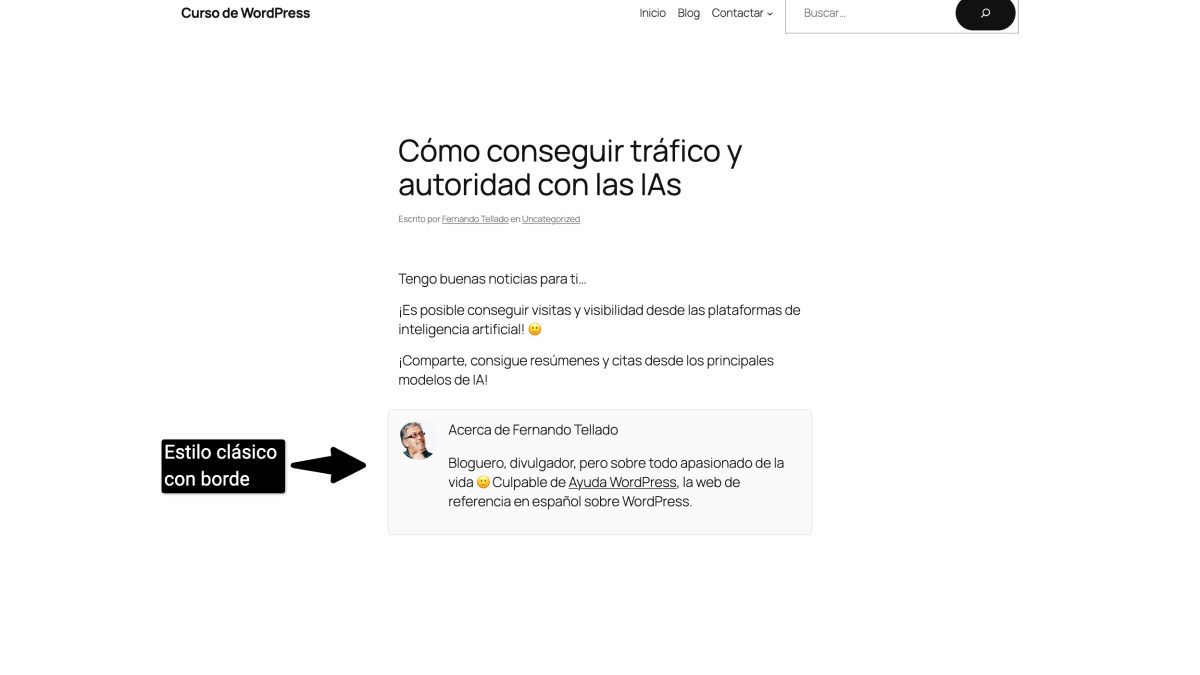 caja bio wordpress estilo clasico con borde
