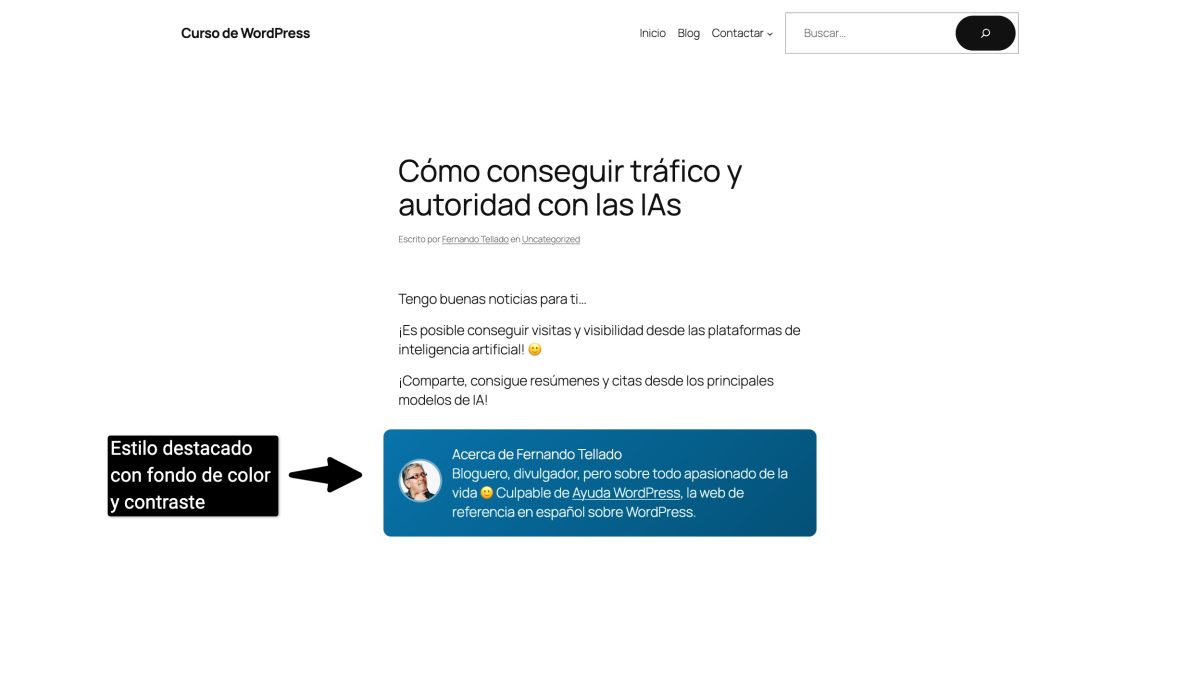 caja bio wordpress estilo destacado fondo color y contraste