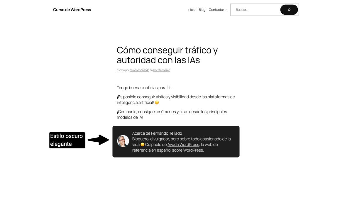 caja bio wordpress estilo oscuro elegante
