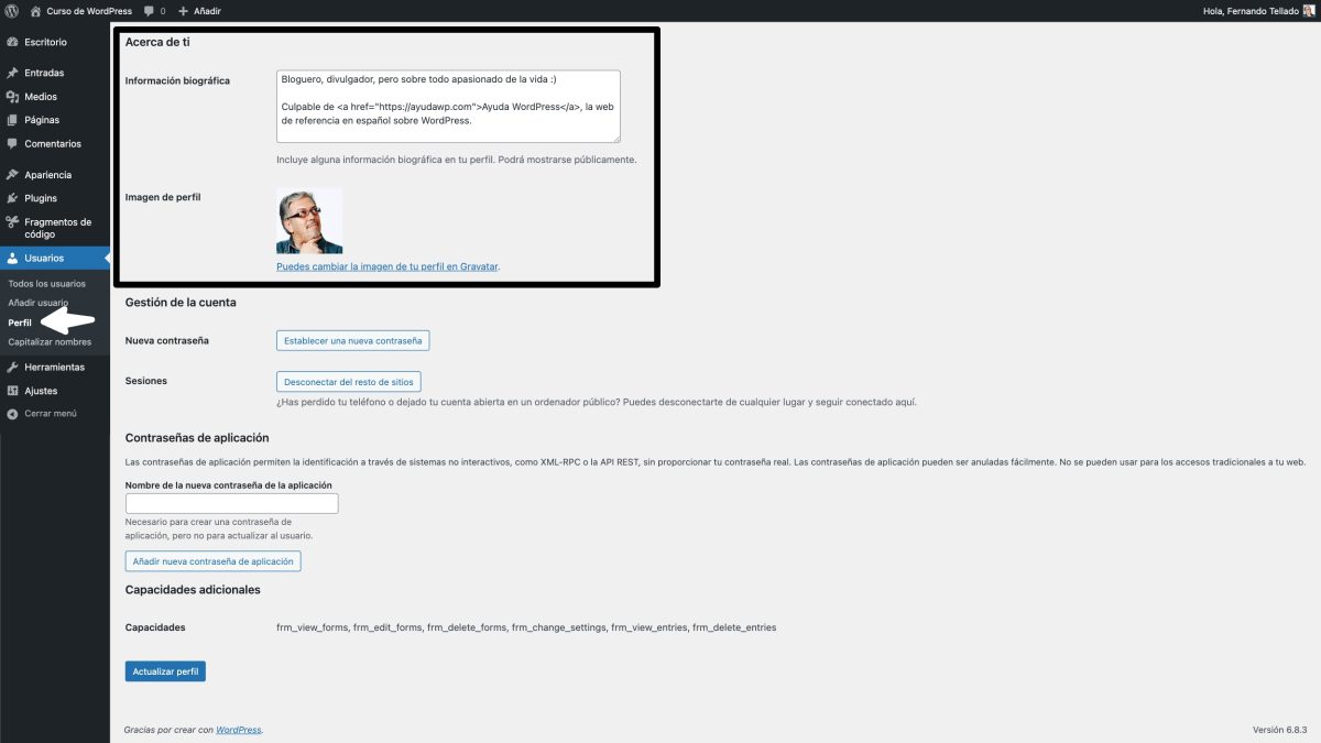 editar informacion biografica acerca de ti perfil wordpress