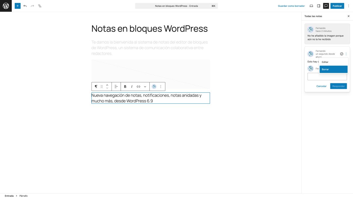 editar o borrar nota en bloque wordpress