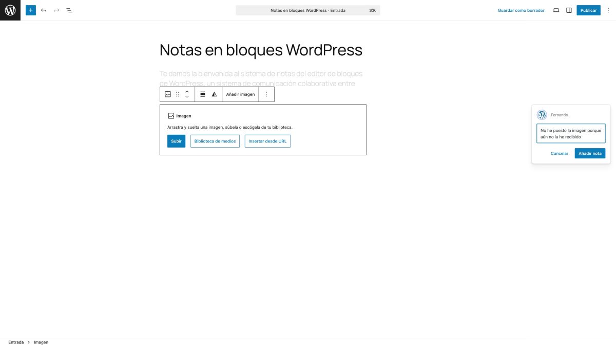 escribir nota en bloque wordpress