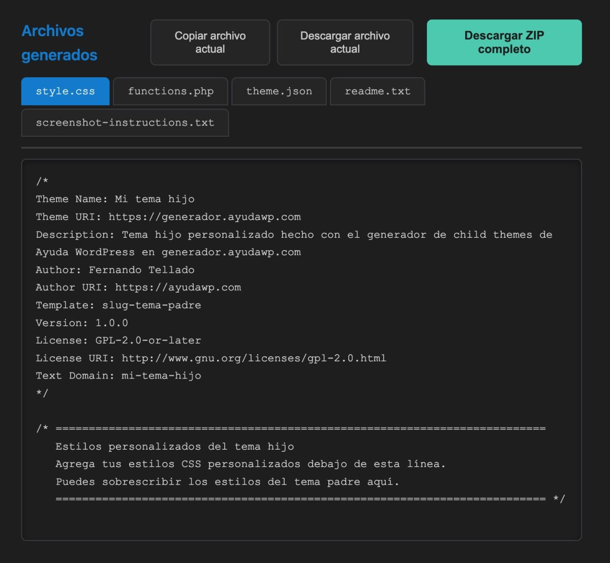 gemerador child themes opciones de copiado y descarga zip