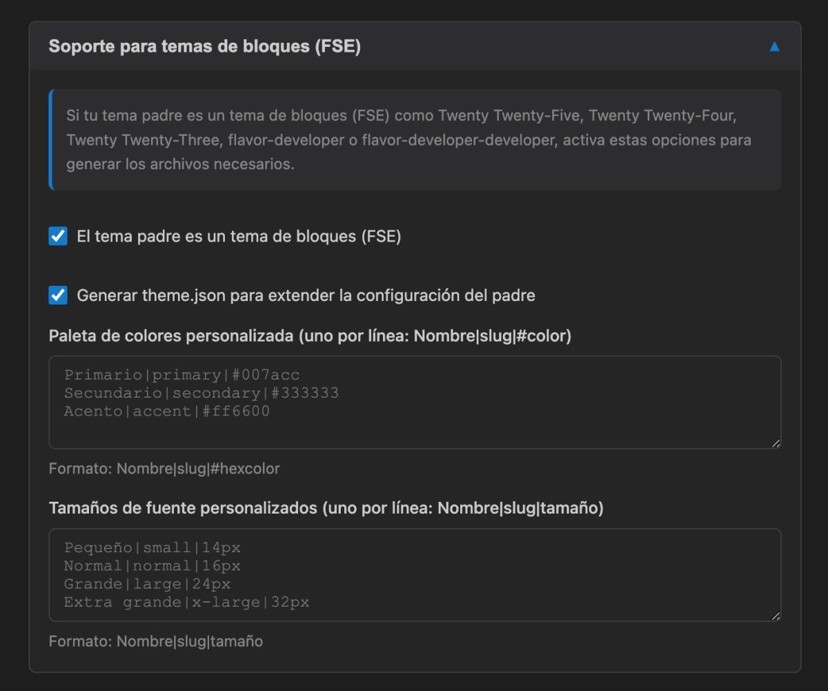 generador child themes bloques fse