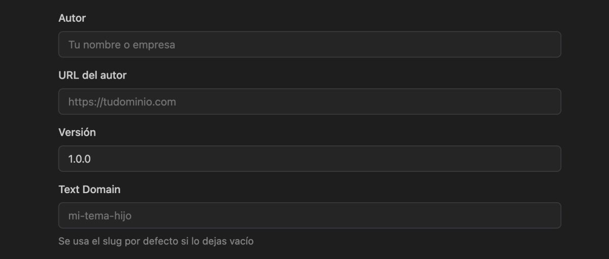 generador child themes informacion autor y version