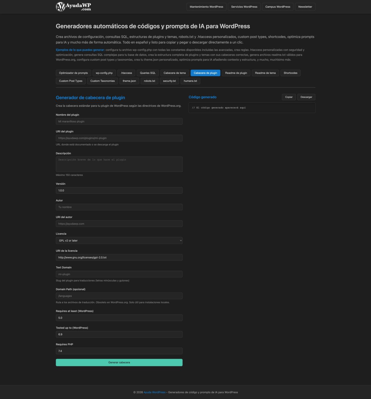 generador de cabecera de plugins