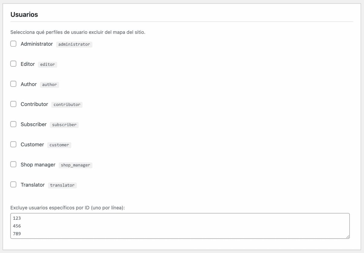 native sitemap customizer excluir perfiles y usuarios