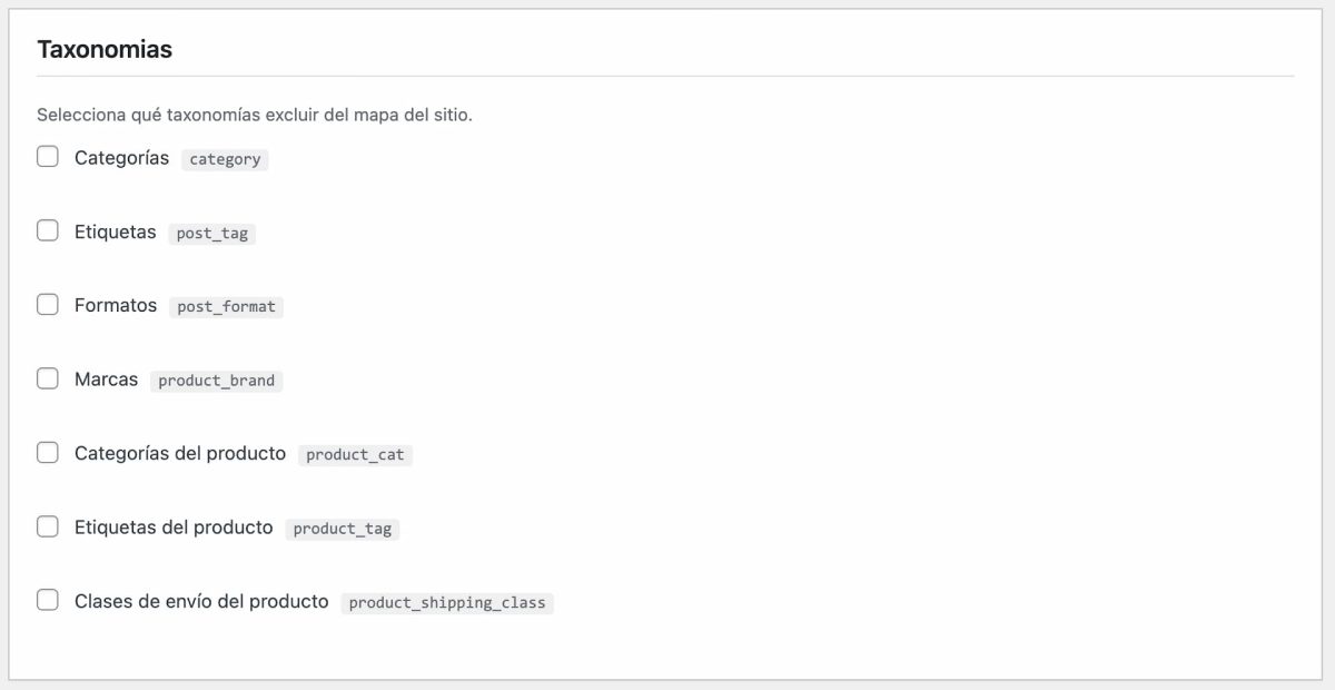 native sitemap customizer excluir taxonomías
