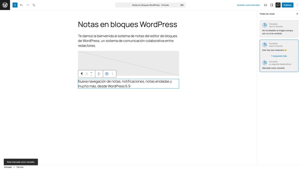 nota resuelta en bloque wordpress