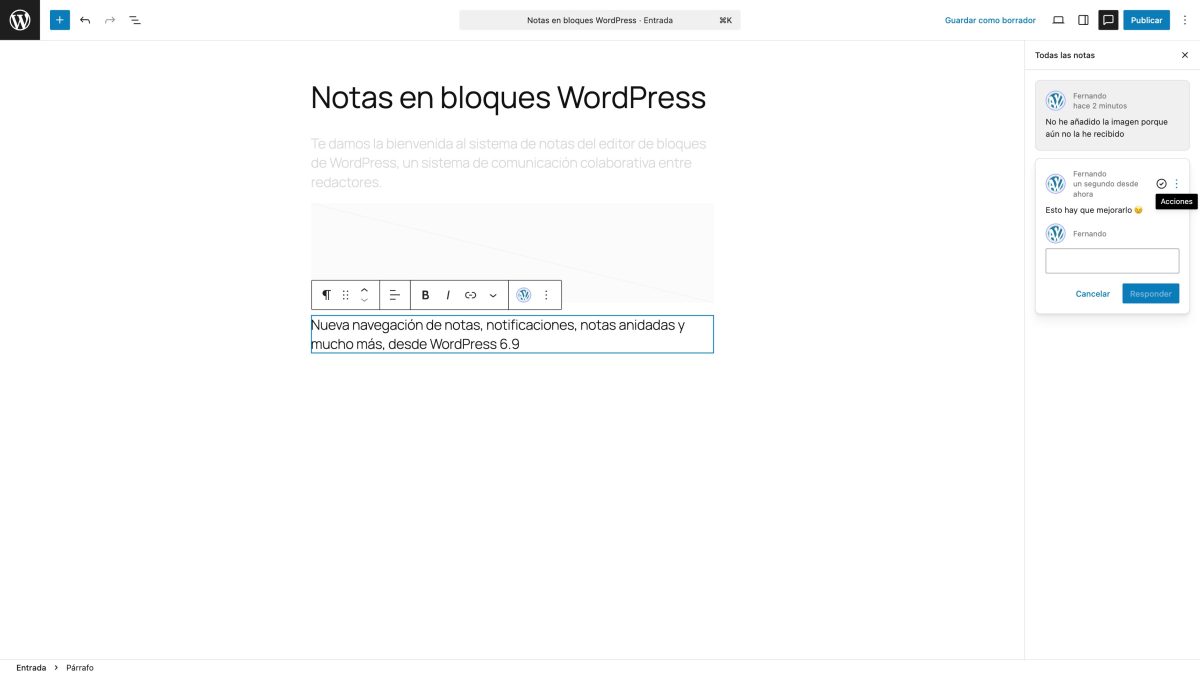 panel de notas editor de bloques de wordpress