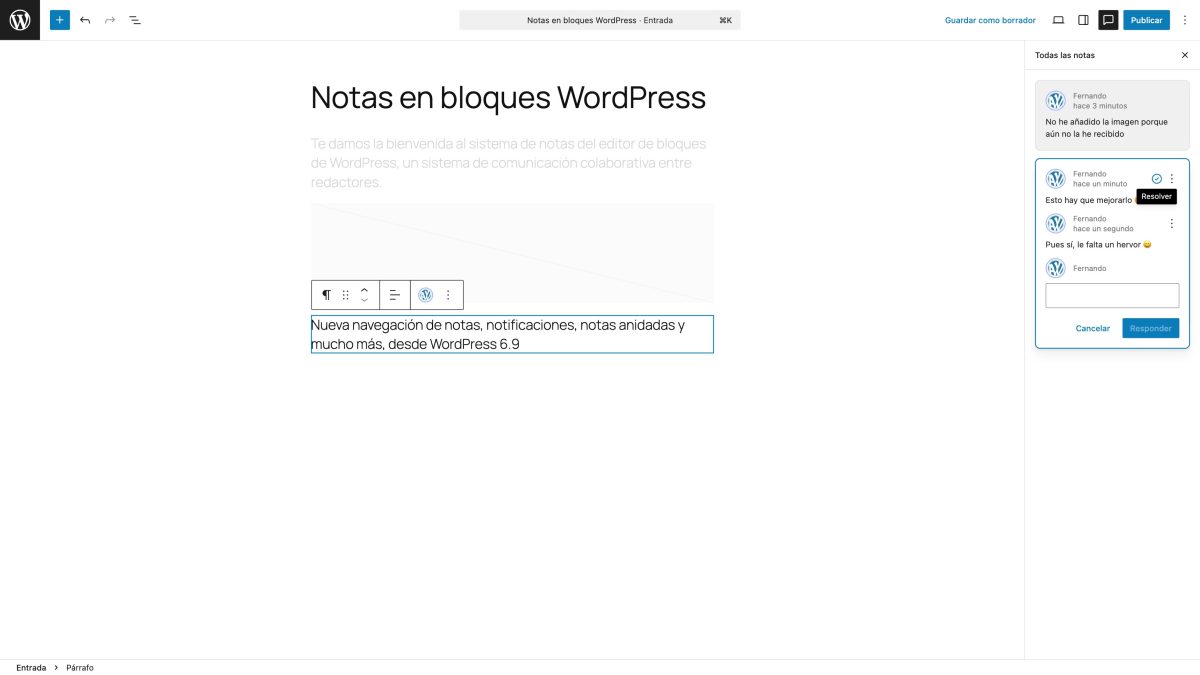 resolver nota en bloque wordpress