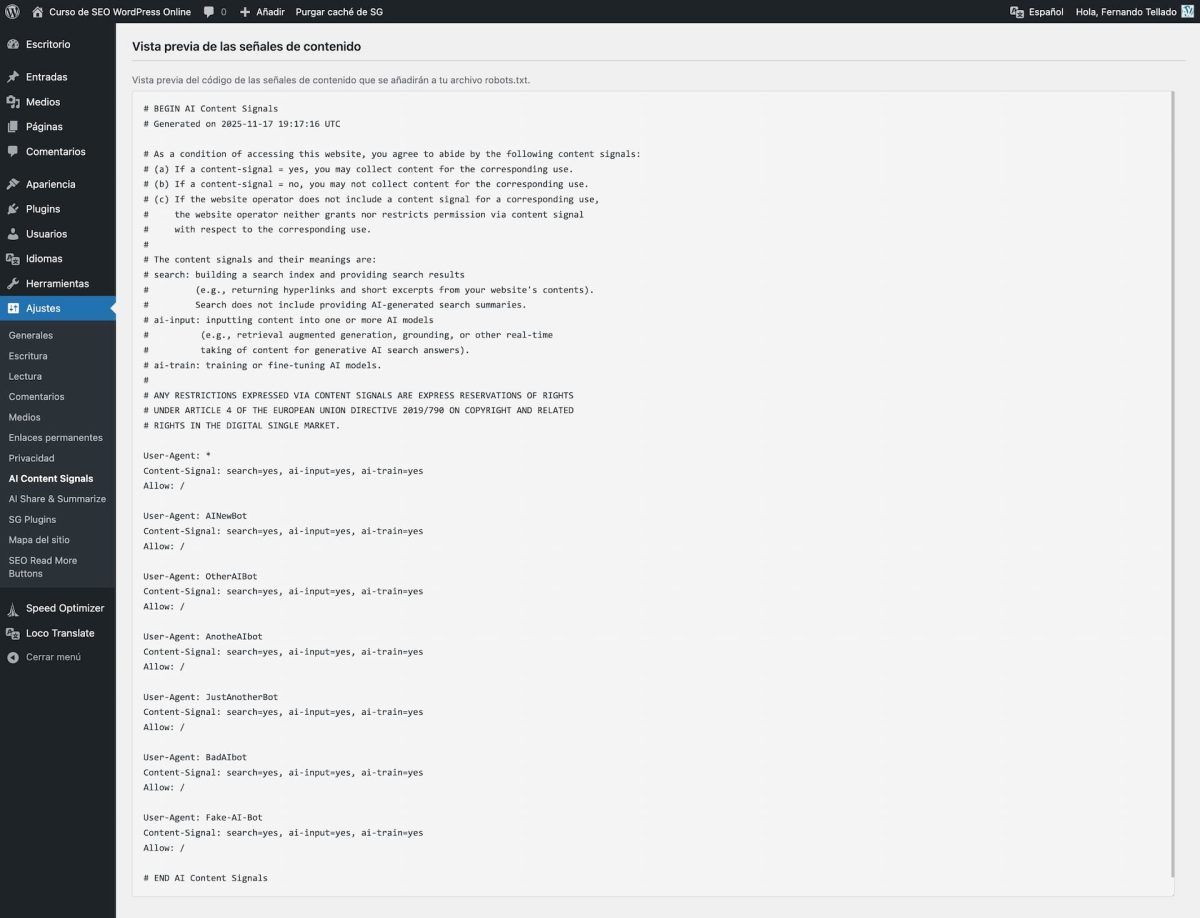 vista previa robots txt con ai content signals