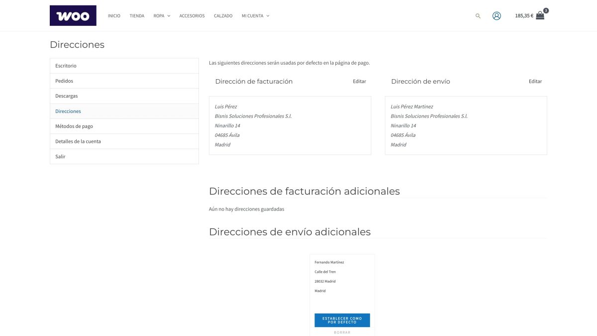 woocommerce direcciones adicionales mi cuenta
