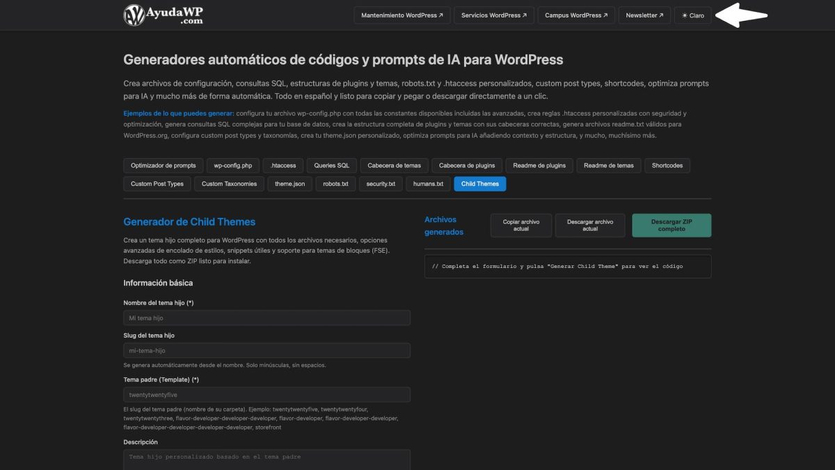 activar modo claro generador de codigos ayuda wordpress