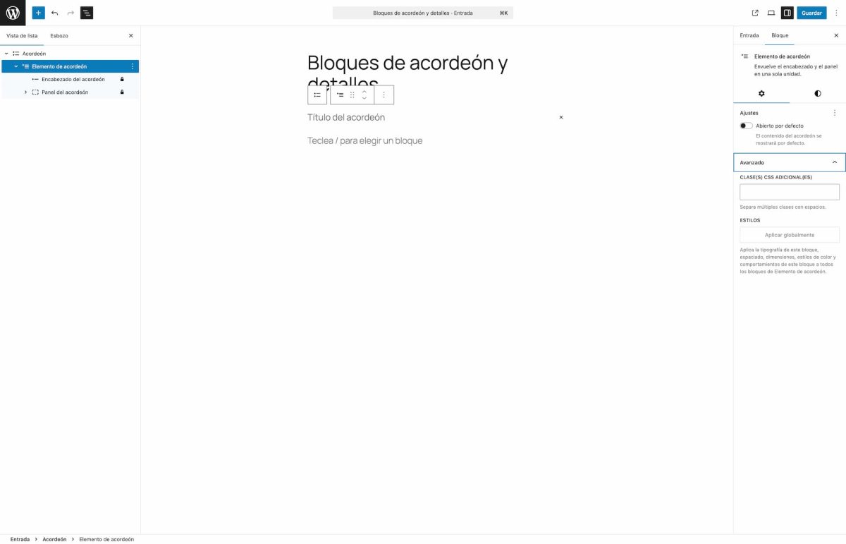 ajustes elemento de acordeon