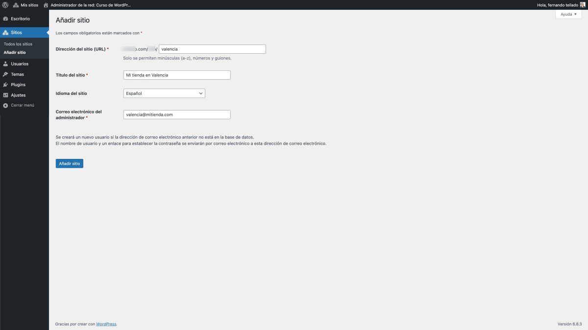 añadir sitio administrador de la red wordpress