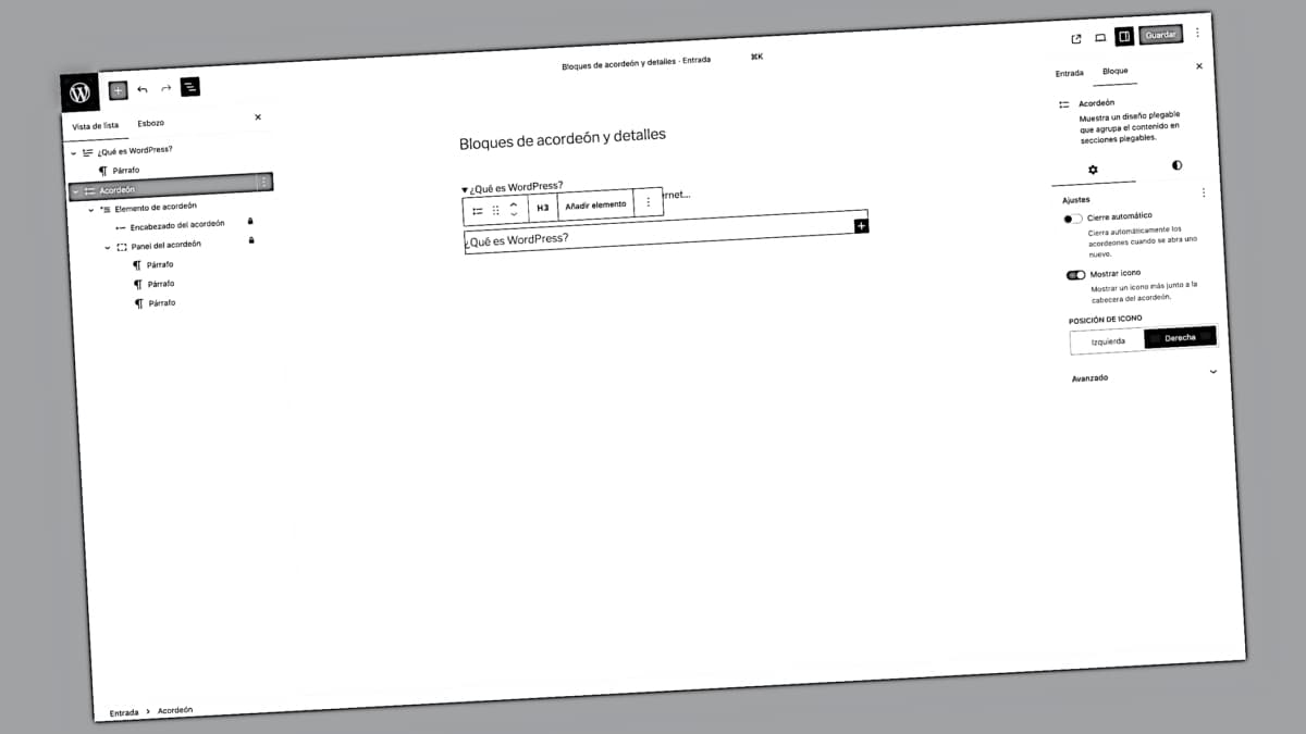 bloques wordpress detalles acordeon comparativa