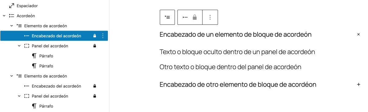 estructura bloque acordeon editor wordpress