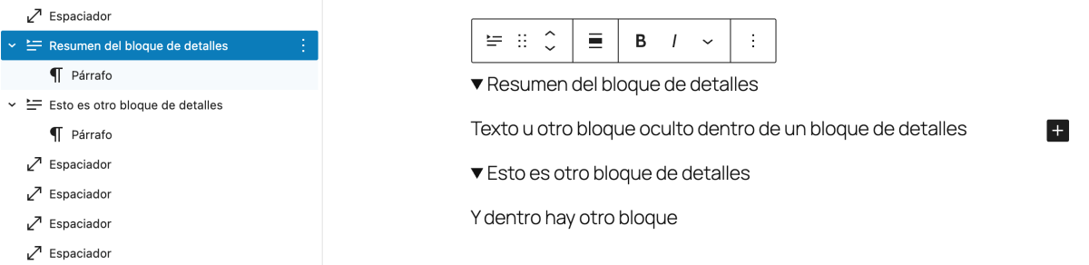 estructura bloque detalles editor wordpress