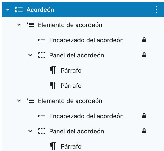 estructura interna del bloque acordeon wordpress
