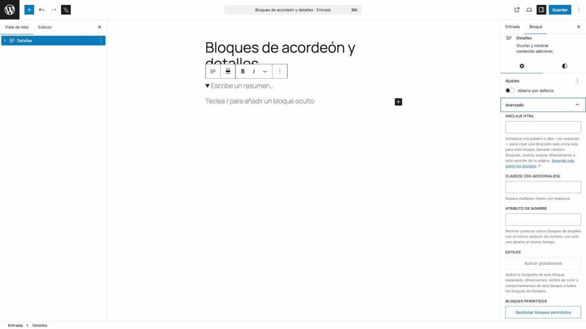 opciones ajustes bloque detalles wordpress