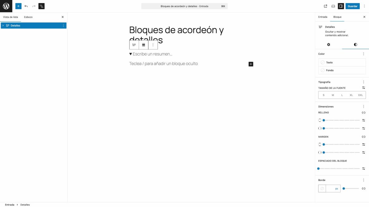 opciones estilo bloque detalles wordpress