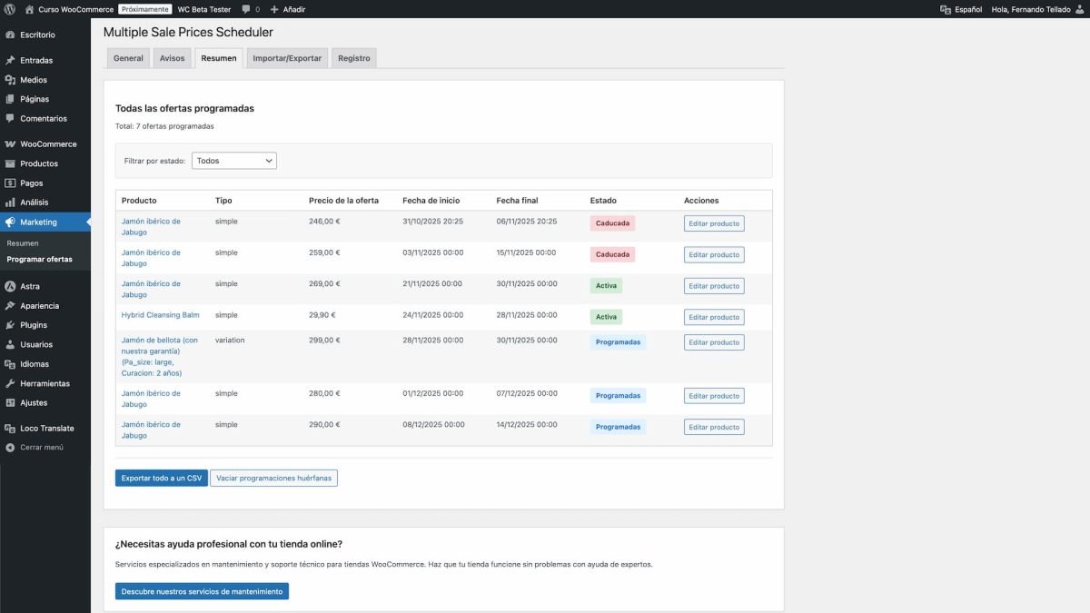 panel resumen ofertas precio multiples woocommerce