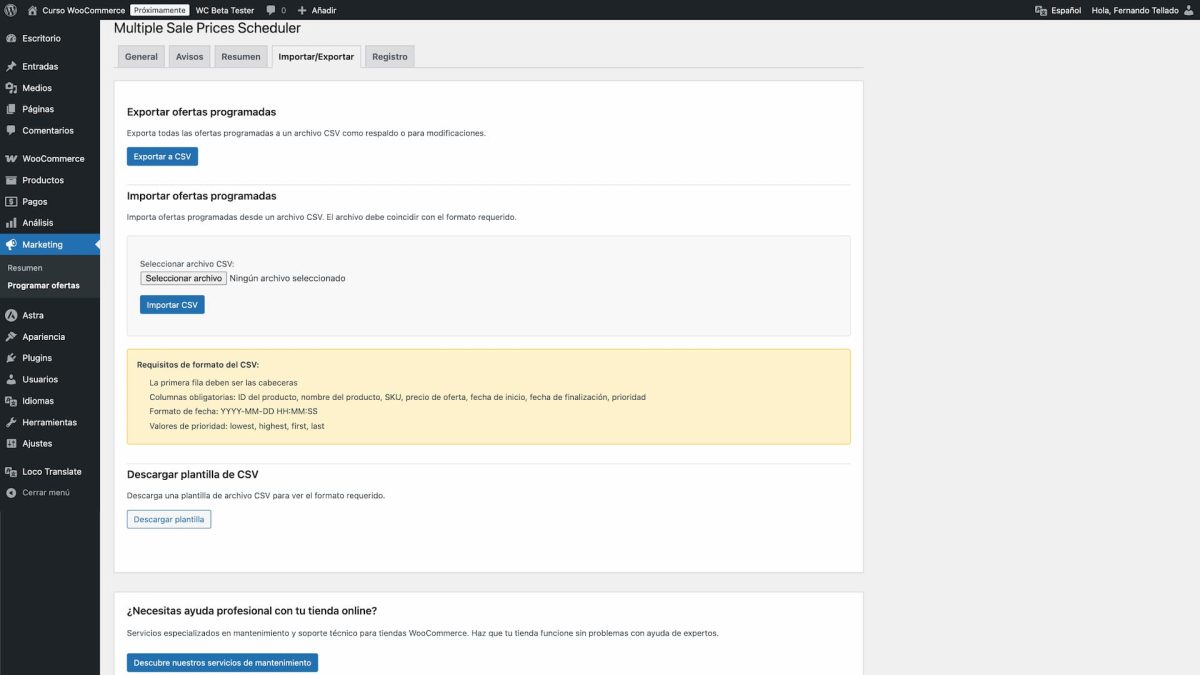 programador multiples ofertas importador de precios csv
