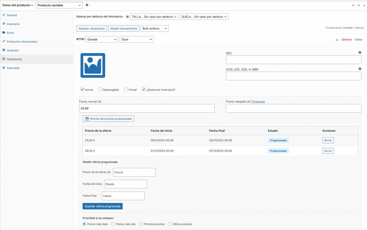 programar multiples ofertas precio producto variable woocommerce