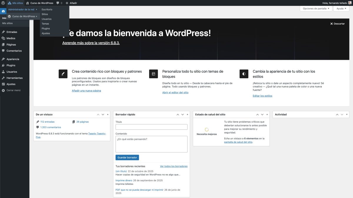 red wordpress multisitio escritorio administrador de la red