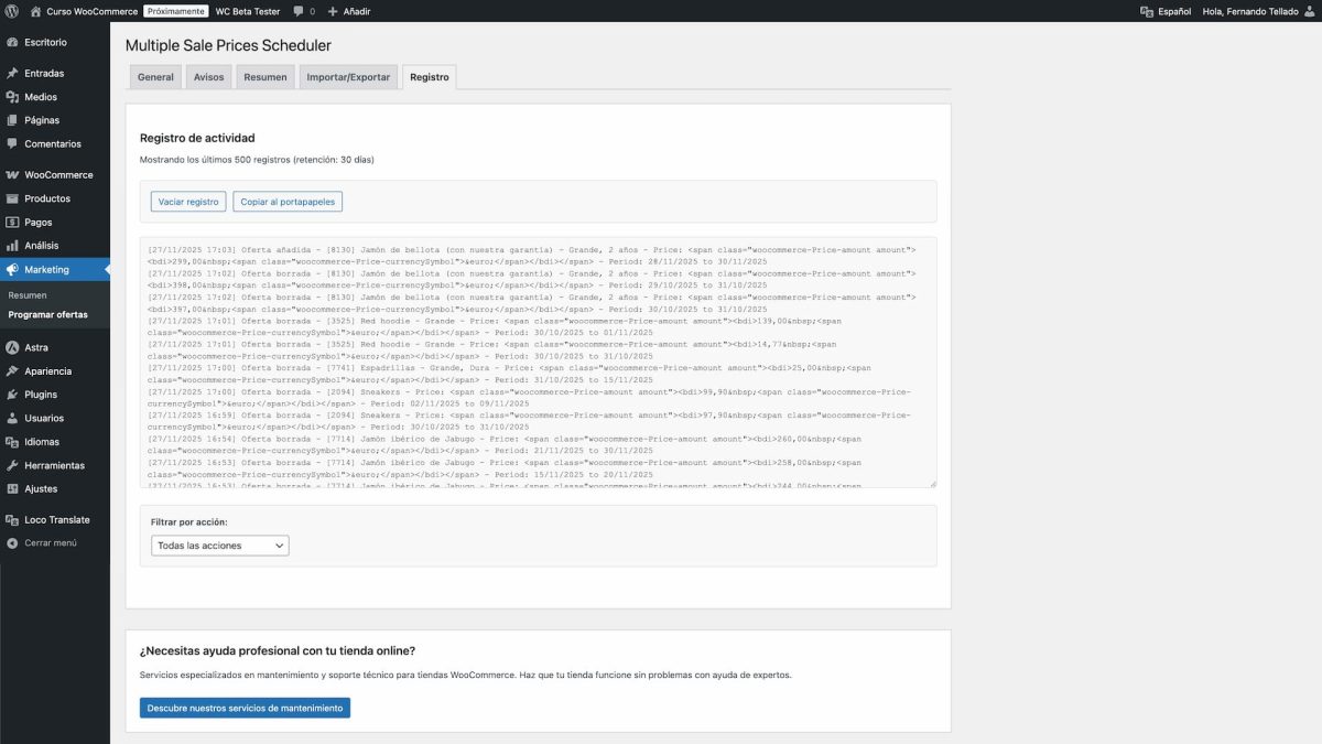 registro completo ofertas precios woocommerce programadas