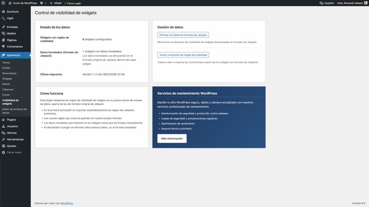 ajustes importar widgets visibilidad jetpack