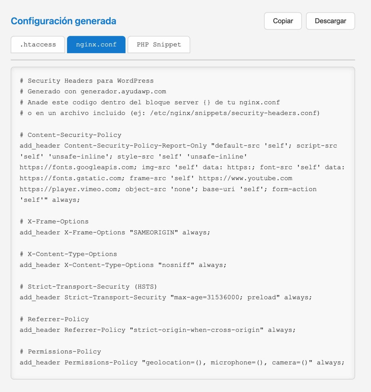 descargar configuracion cabeceras seguridad http wordpress nginx conf
