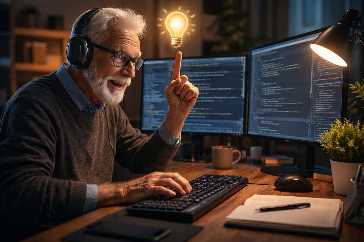 hombre mayor teniendo idea programando