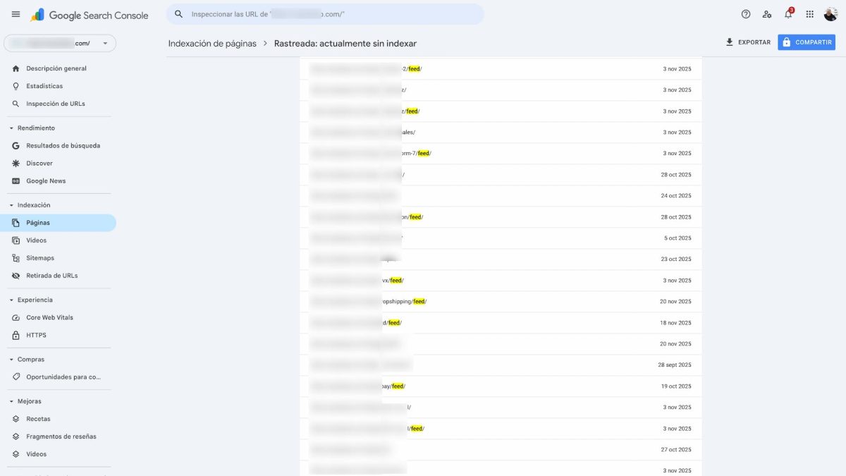 indexación de páginas feeds rastreados sin indexar google search console