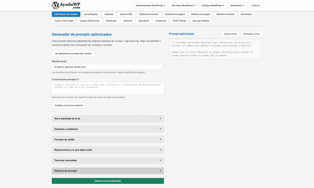 optimizador de prompts para wordpress