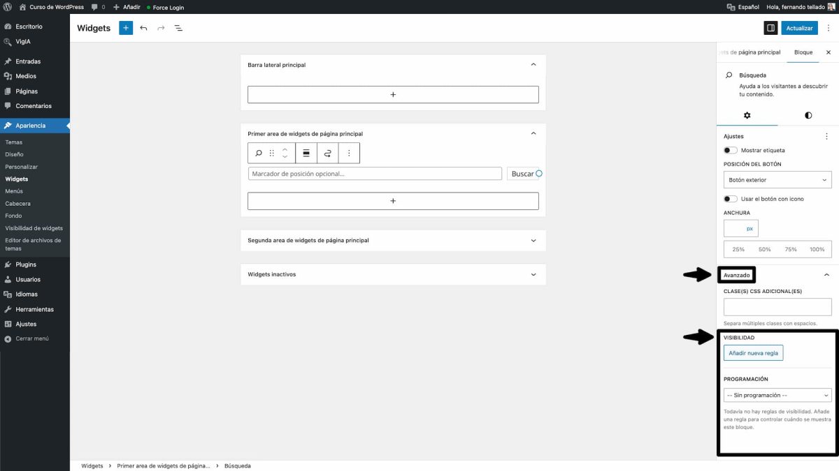 reglas visibilidad widgets bloques