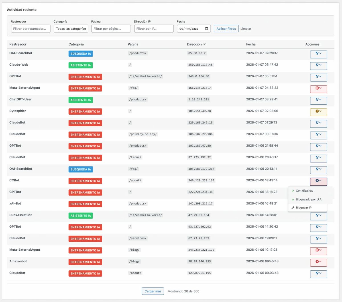 vigia bloquo de bots desde filtro de actividad