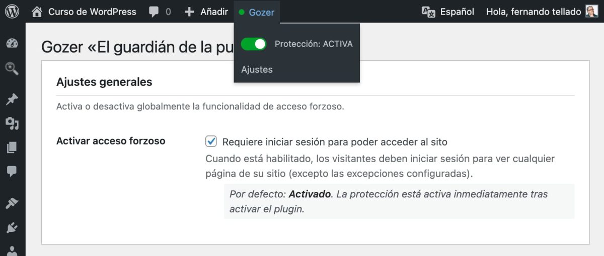 activar desactivar gozer plugin wordpress