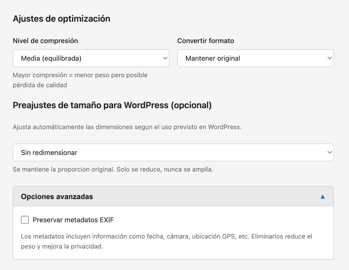 ajustes optimizador imagenes wordpress