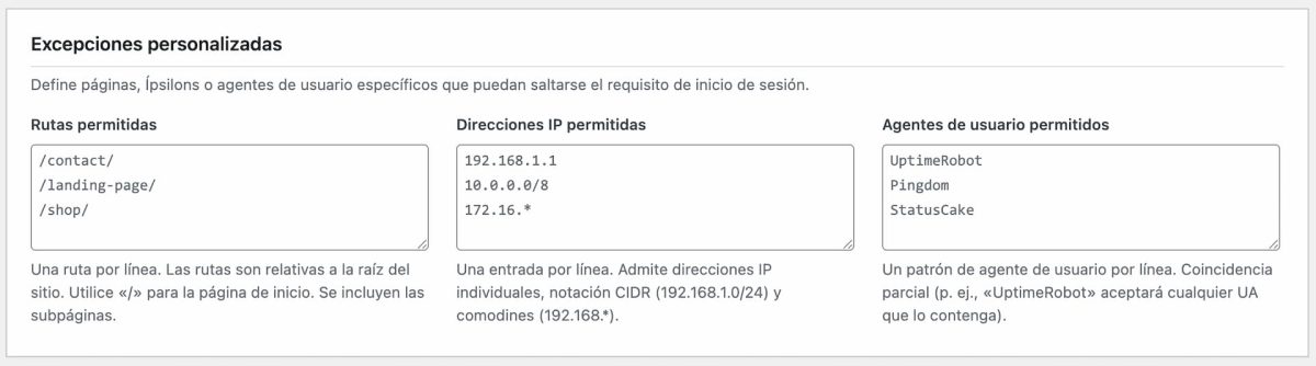 excepciones personalizadas acceso plugin gozer wordpress