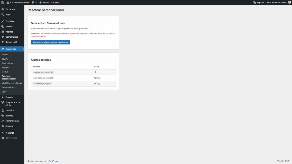 plugin persoanlizado resetar personalizador