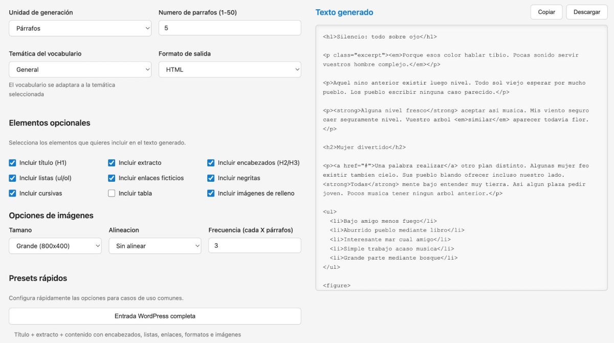 preajuste texto generado wordpress