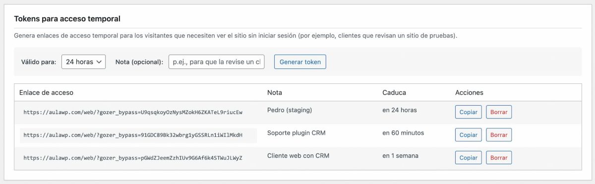 tokens acceso personalizado plugin wordpress gozer